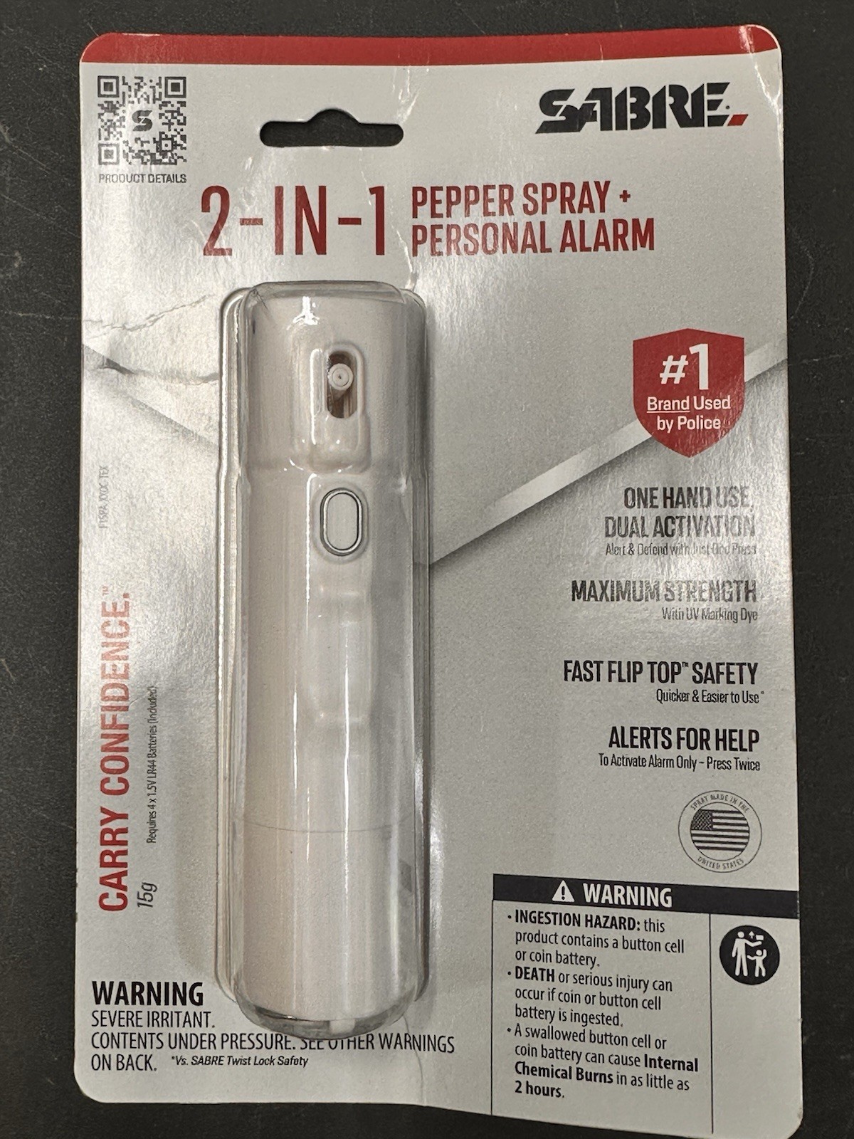 Sabre 2-in-1 Pepper Spray Flip Top White W/keyring UV Dye w/Built-in 130dB Alarm