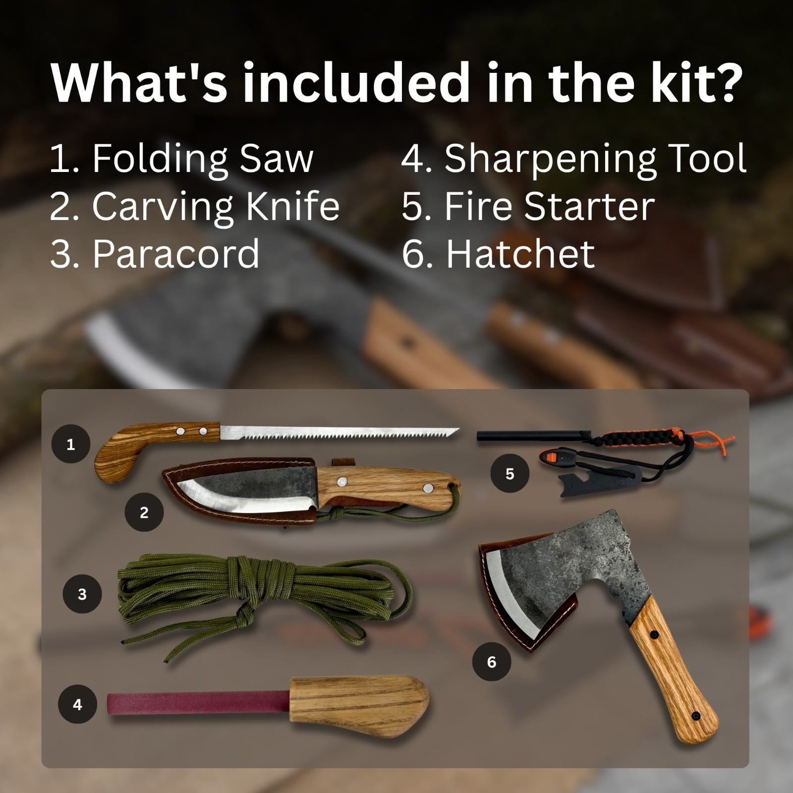 6pc All in One Camping Gear Set 9.84” Axe 9” Bushcraft Knife Saw Ferro Rod