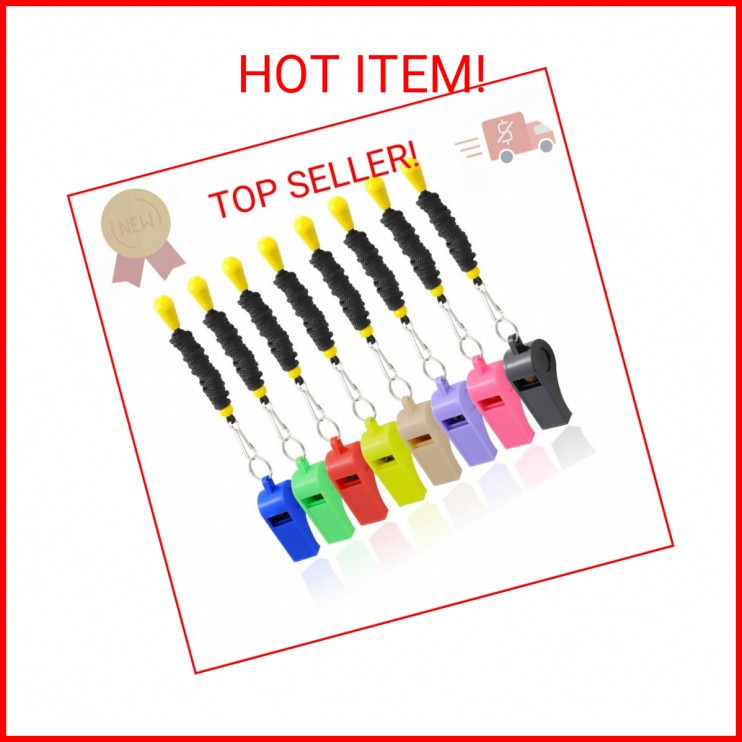 AMBITIONJUMP 8 Pack Colorful Plastic Whistles with Lanyards, Loud Crisp Sound Wh