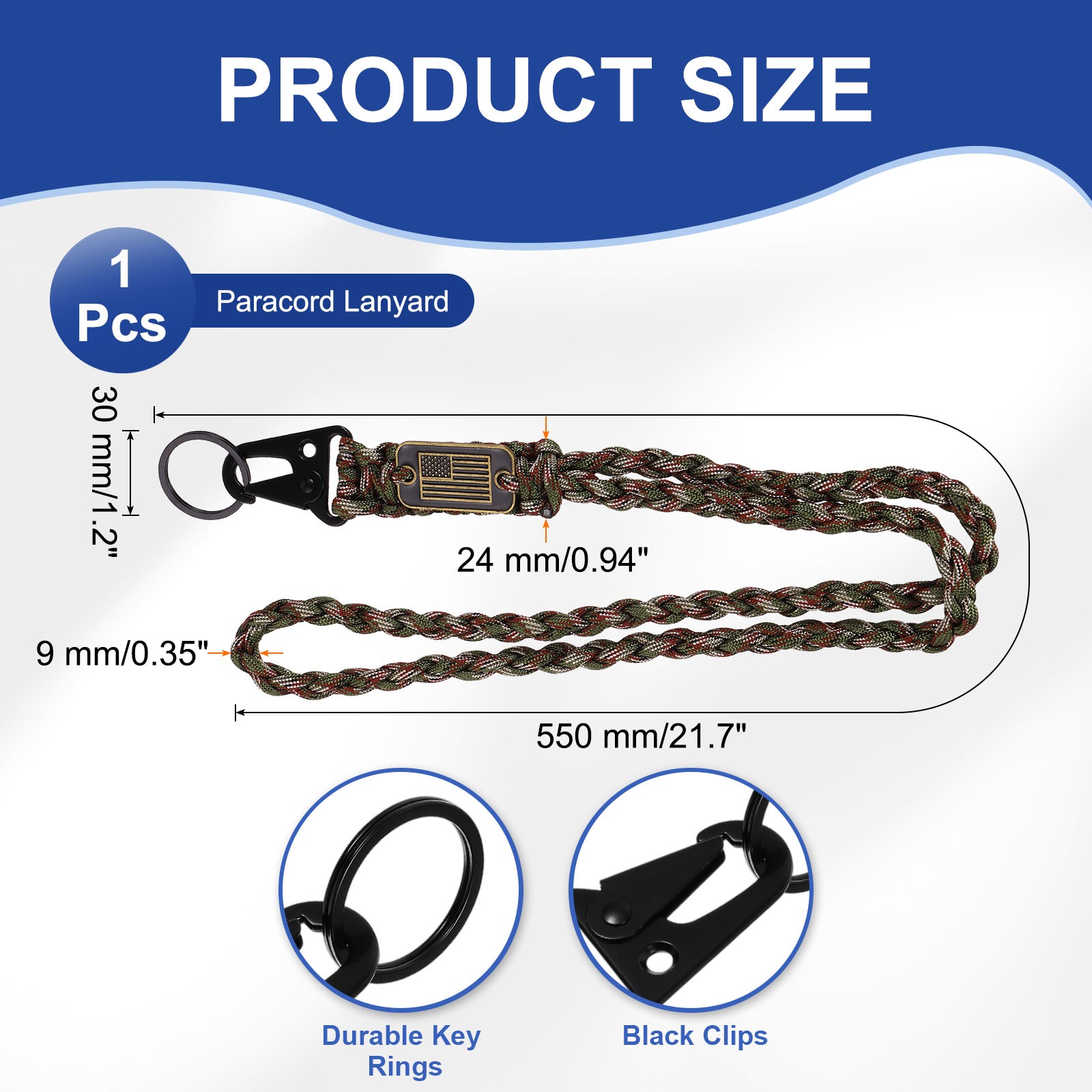 Paracord Lanyard, Strong Lanyard with USA Flag, Olive Green Camouflage
