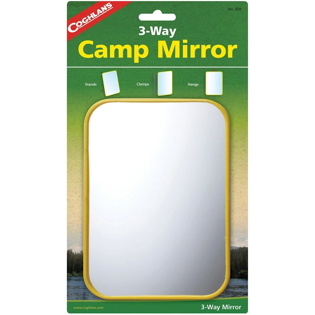 Coghlan’s 3-Way Camp Mirror, Colorful Plastic, Clamps w/Hook Signal Survival 650