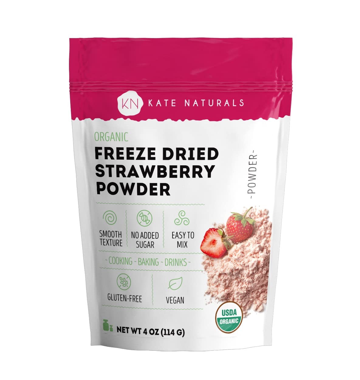 Kate Naturals Organic Freeze Dried Strawberry 4 Ounce (Pack of 1), Pink