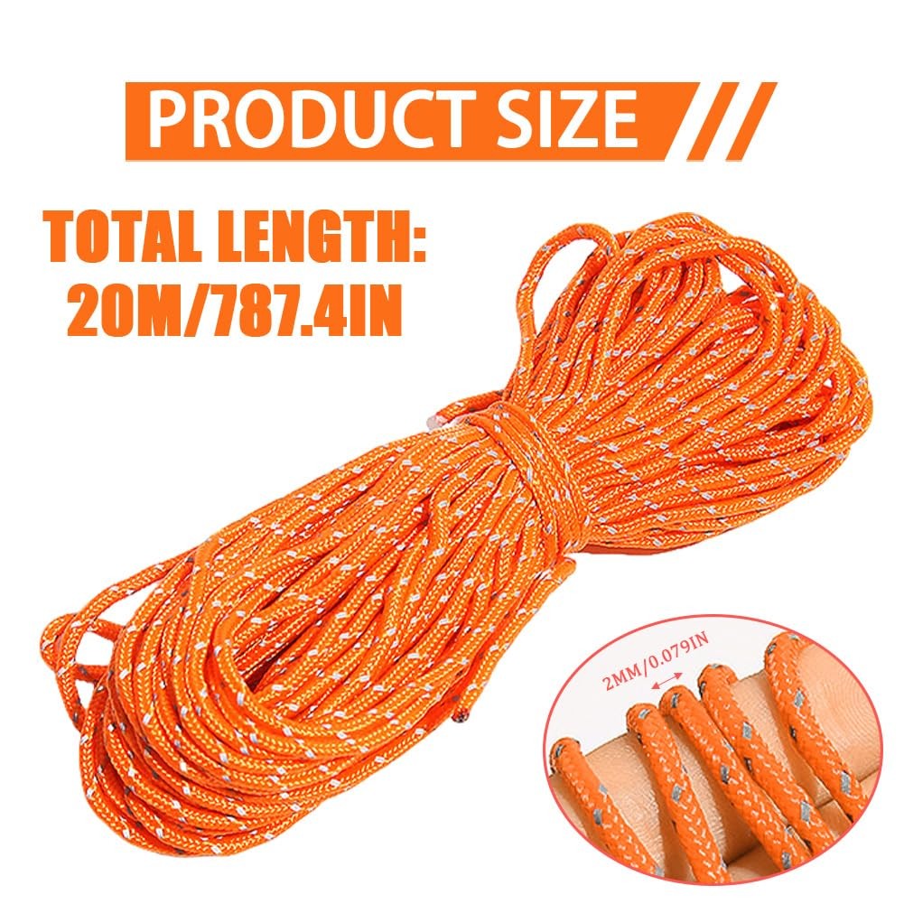 2mm Reflective Thin Paracord Rope – 65ft Dyneema Guy Lines 65 Feet, Orange