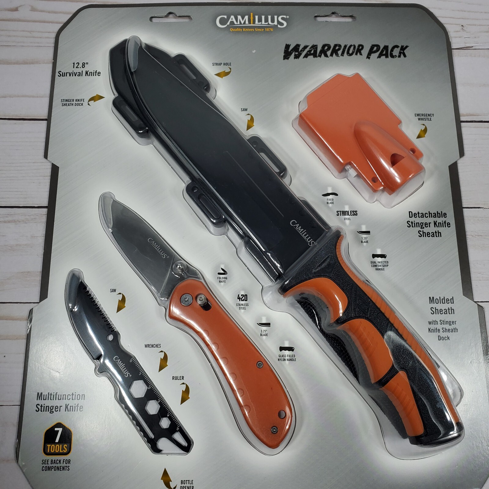 Camillus Warrior Pack 12.8″ Survival Knife, Stinger Folding Hi-Vis Hunt Camp
