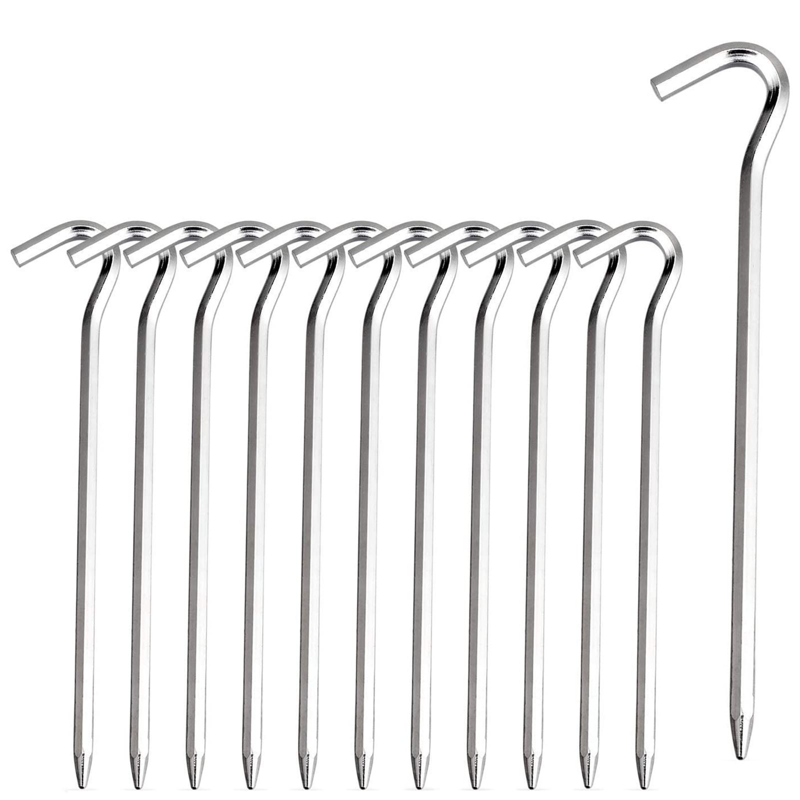 Tent Pegs – 12Pcs Aluminium Stakes with Hook – 7″ Hexagon Silver