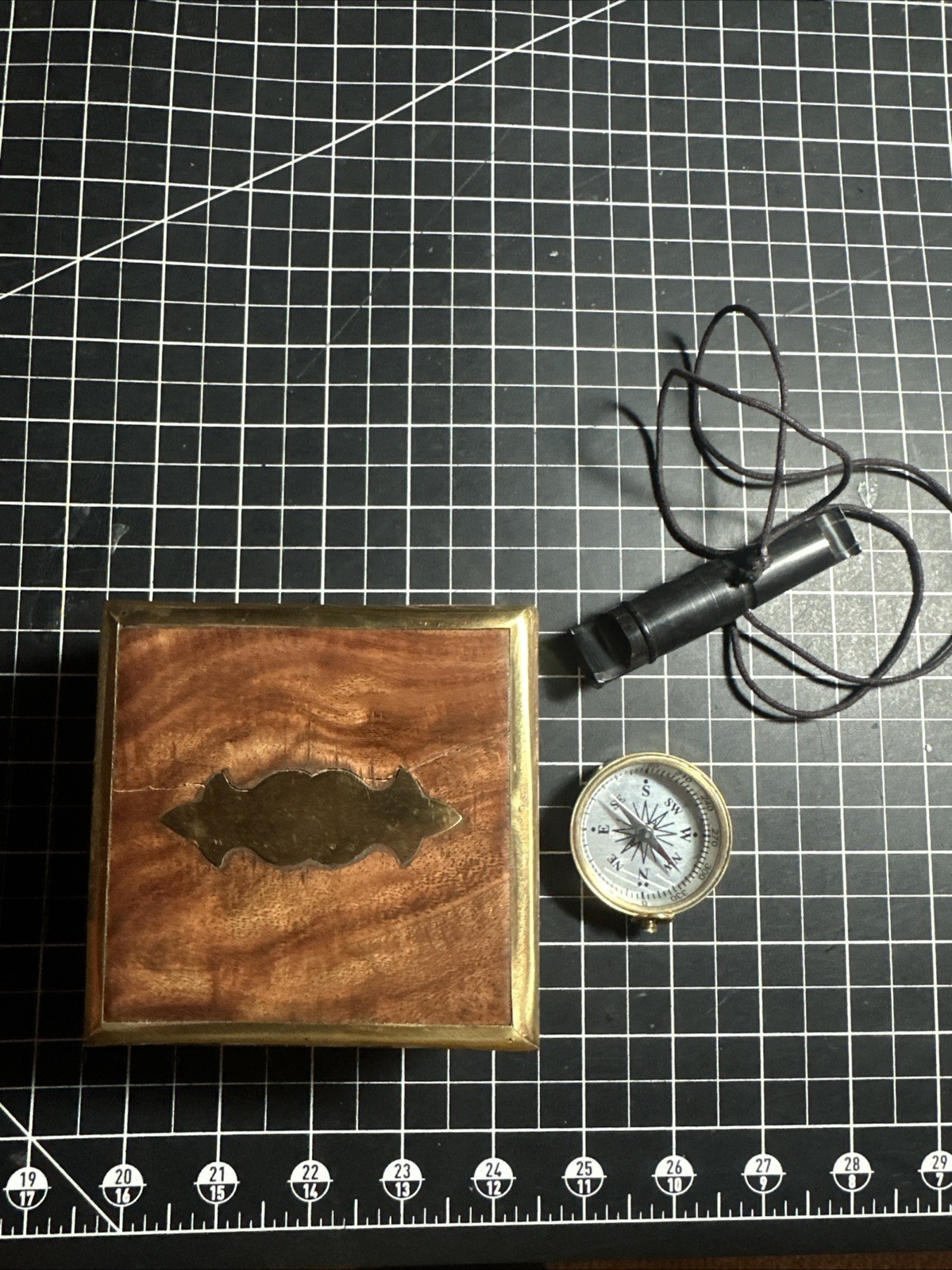 Rose Wood Survival Kit Storage Box With Vintage Compass And Whistle