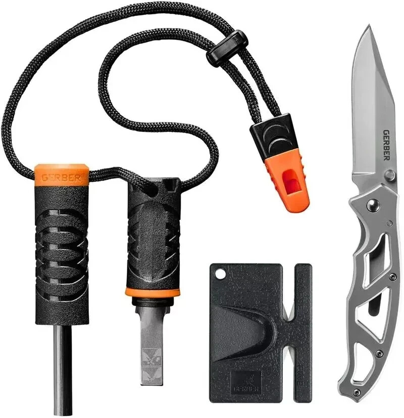 $35 Gerber Survival Kit: Pocket Knife, Fire Starter/Whistle, Sharpener 31-004134