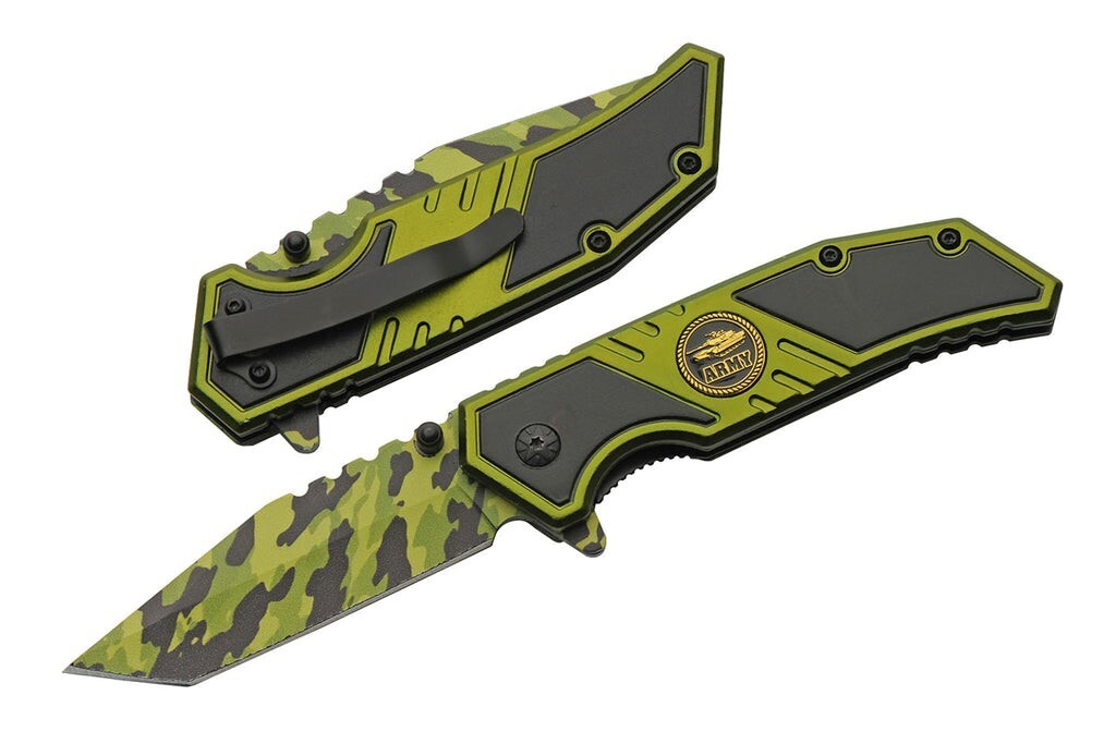 ARMY Assisted Opening Camo Tanto Blade Knife – Black & Green – NEW