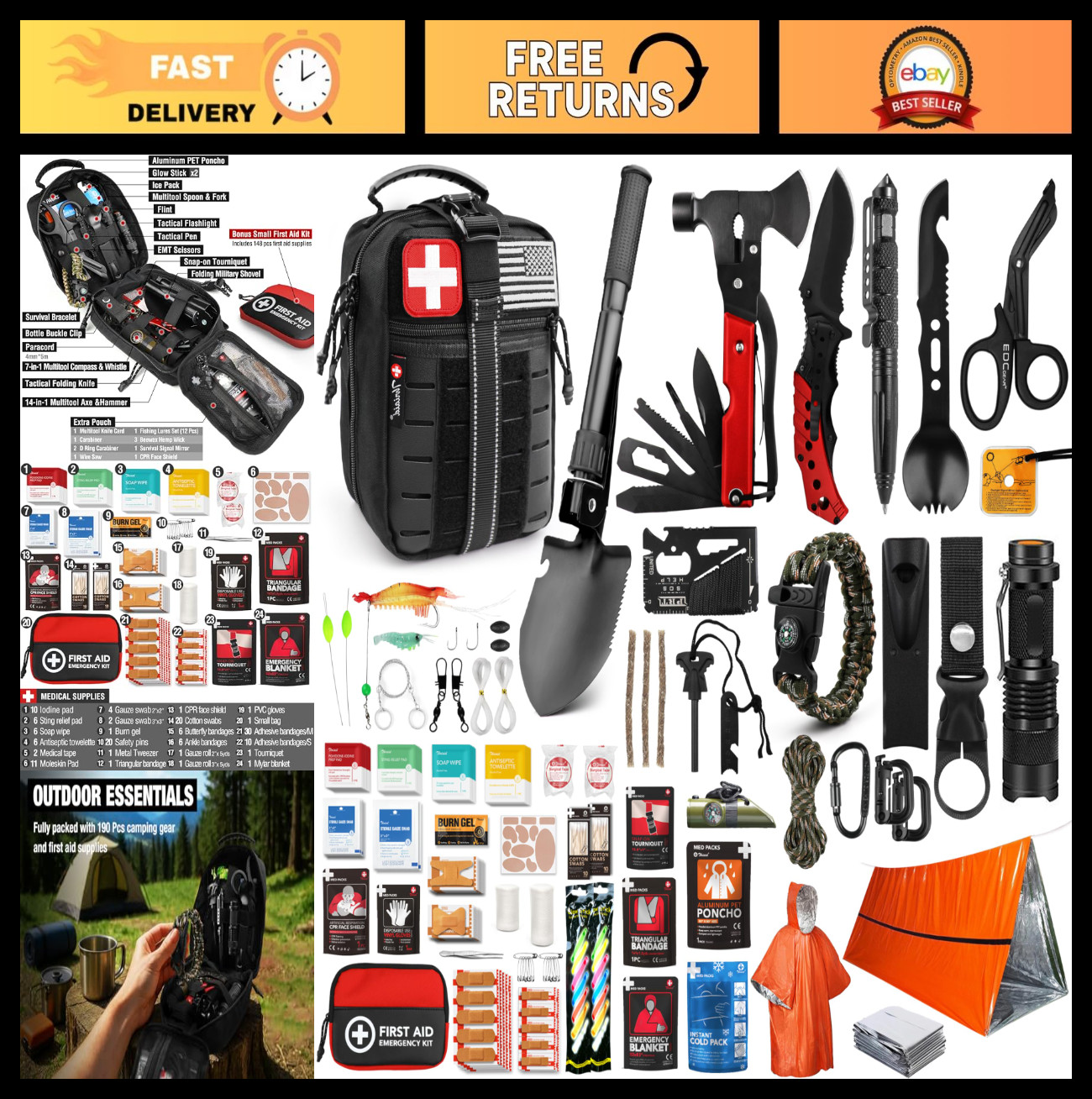 Comprehensive 190-Piece Survival First Aid Kit – Tactical Molle Pouch for Campin