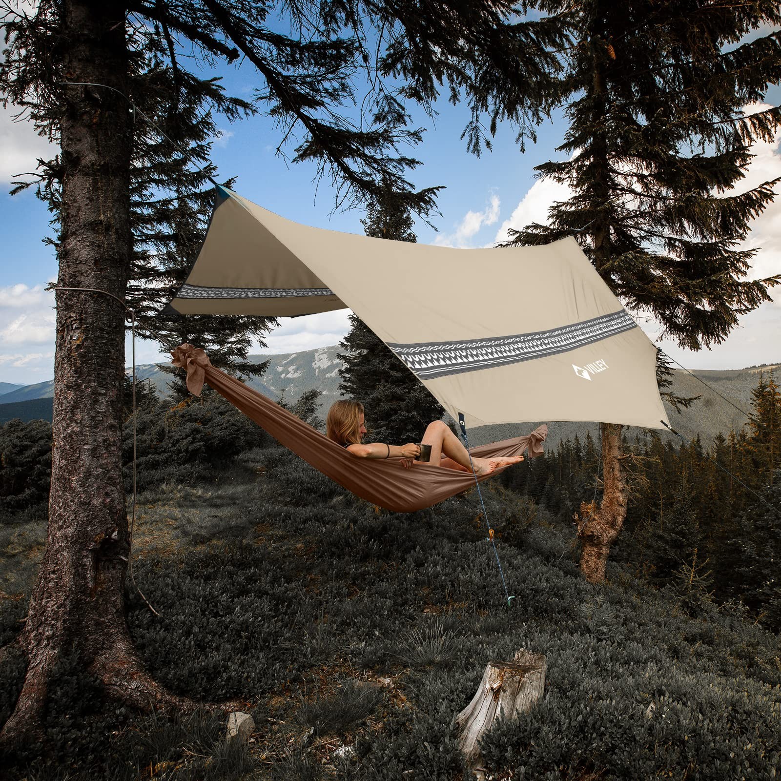 VILLEY Hammock Tent Rain Fly, Octagonal Waterproof Camping 10 x11.5FT, Khaki