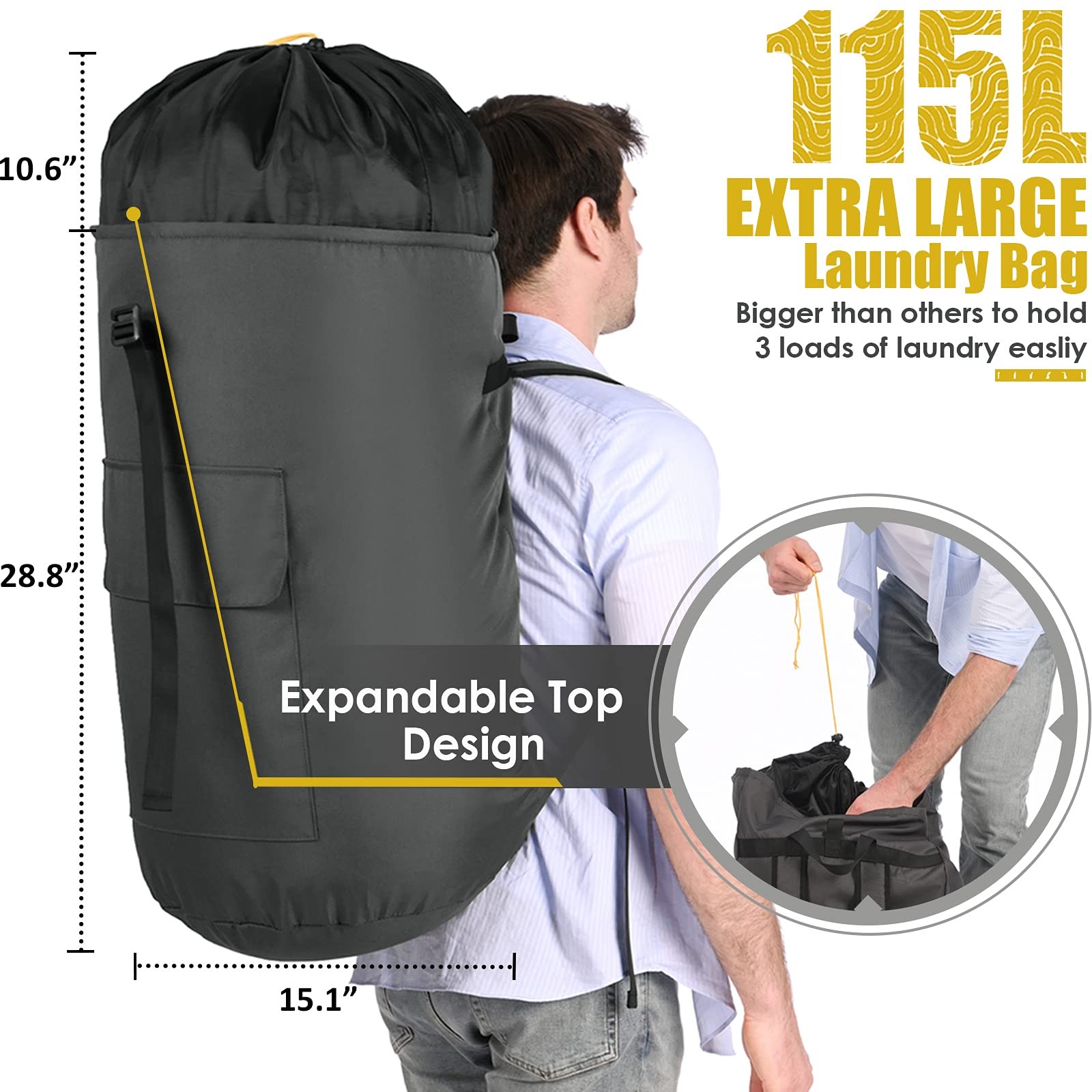 Laundry Backpack Bag, 115L 15″ x 40″, Charcoal grey laundry bag with straps