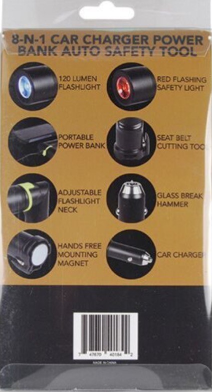 8 n 1 Car SAFETY Device Tool EMERGENCY Glass Break Phone Charger Power Bank AUTO