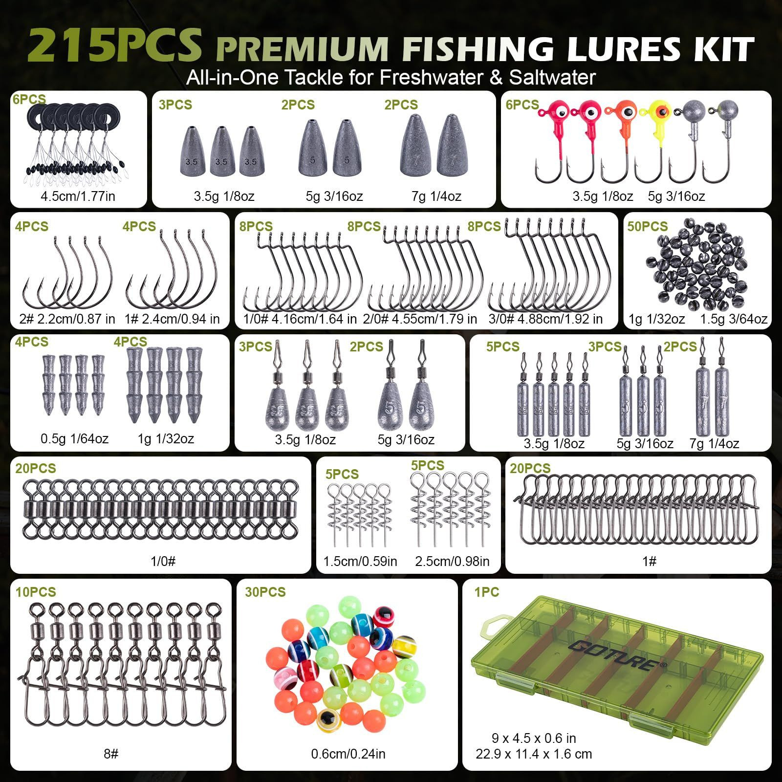Goture 215pcs Fishing Tackle Kit with Ultra-Slim Organizer Box, Green