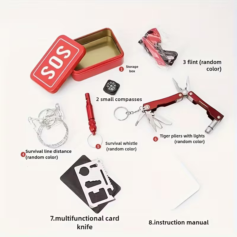 6pcs, Survival Kit SOS Emergency Gear, Set Camping Hiking Multi Tool Compass