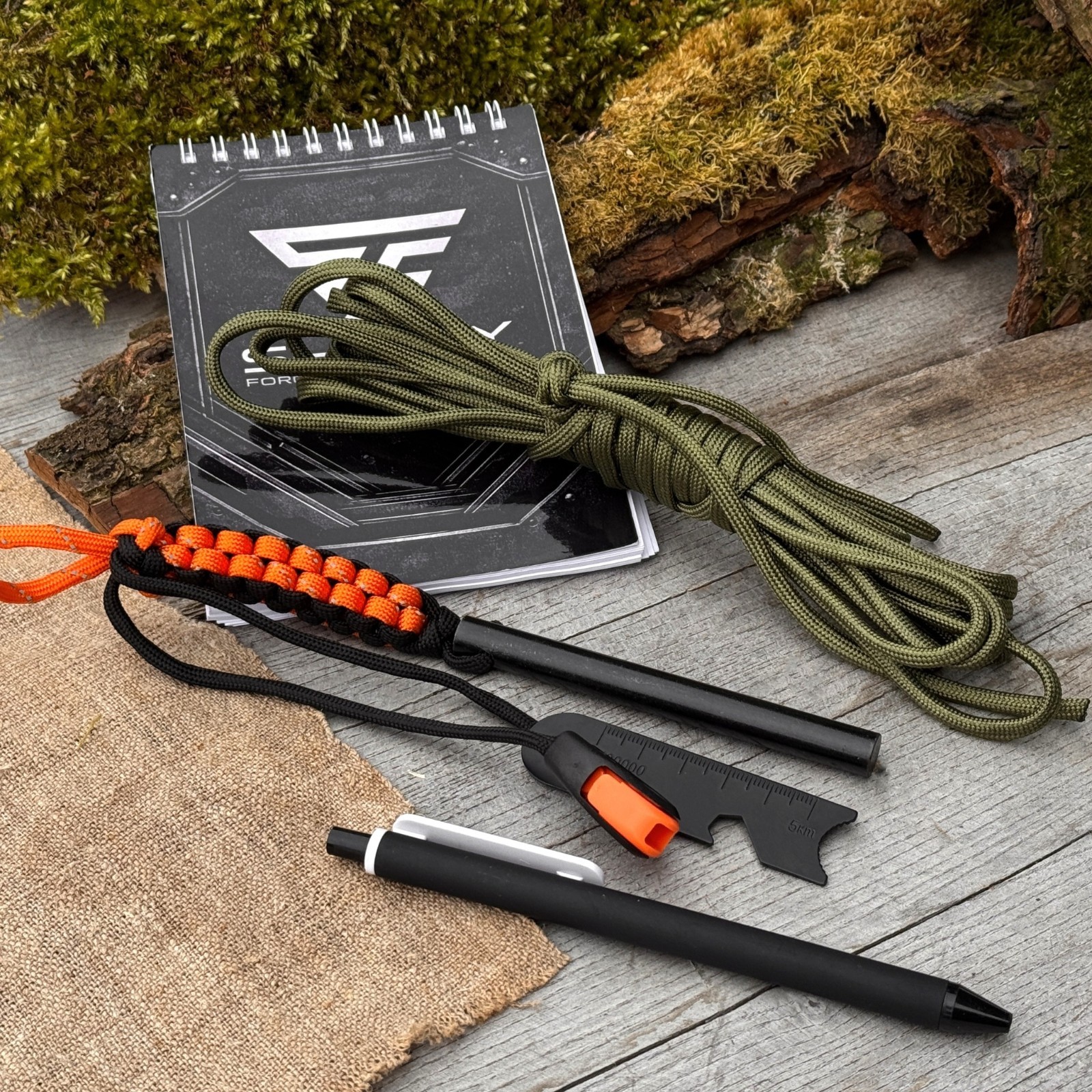 Camping Survival Kit with Ferro Rod Notebook Pen Paracord Bushcraft Gear Sharky