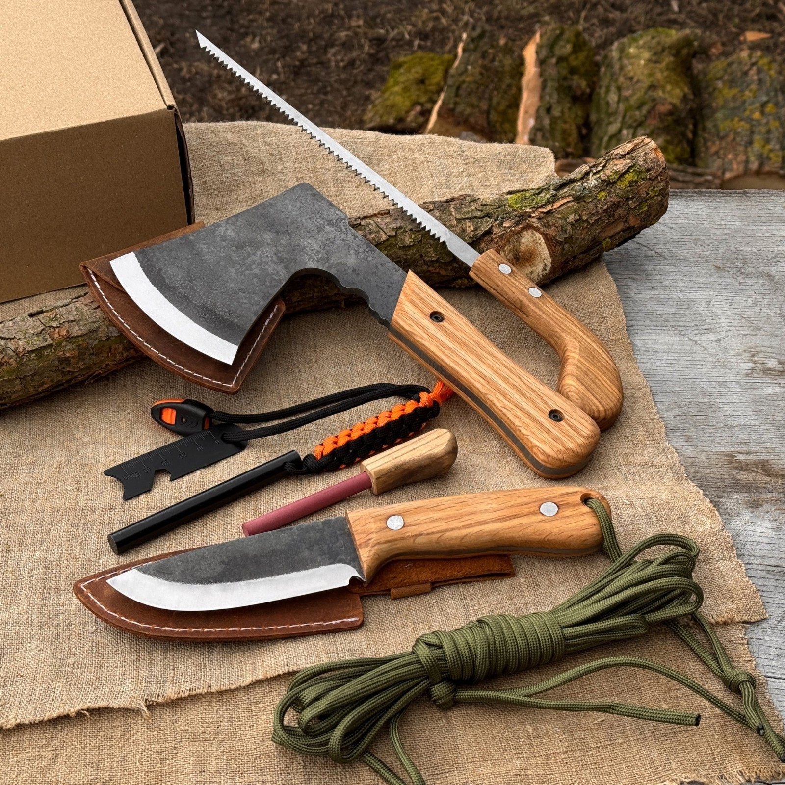 6pc All in One Camping Gear Set 9.84” Axe 9” Bushcraft Knife Saw Ferro Rod