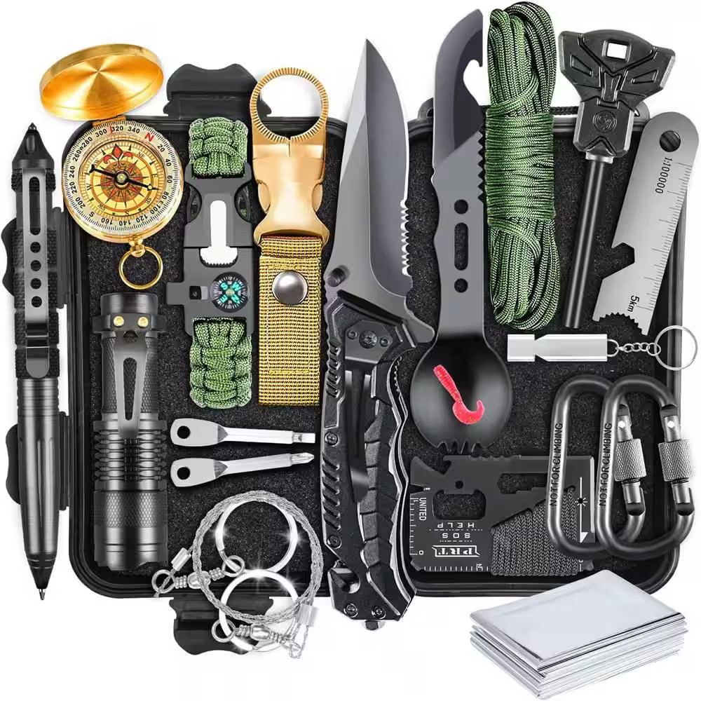 19-In-1 Black Emergency Survival Kit with Waterproof Case and Outdoor Camping Ge