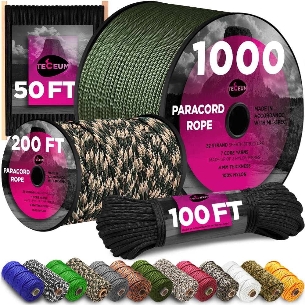 TECEUM Paracord Type IV 750 lb Black 016 – 50 ft – 4mm – 50 ft, Noir