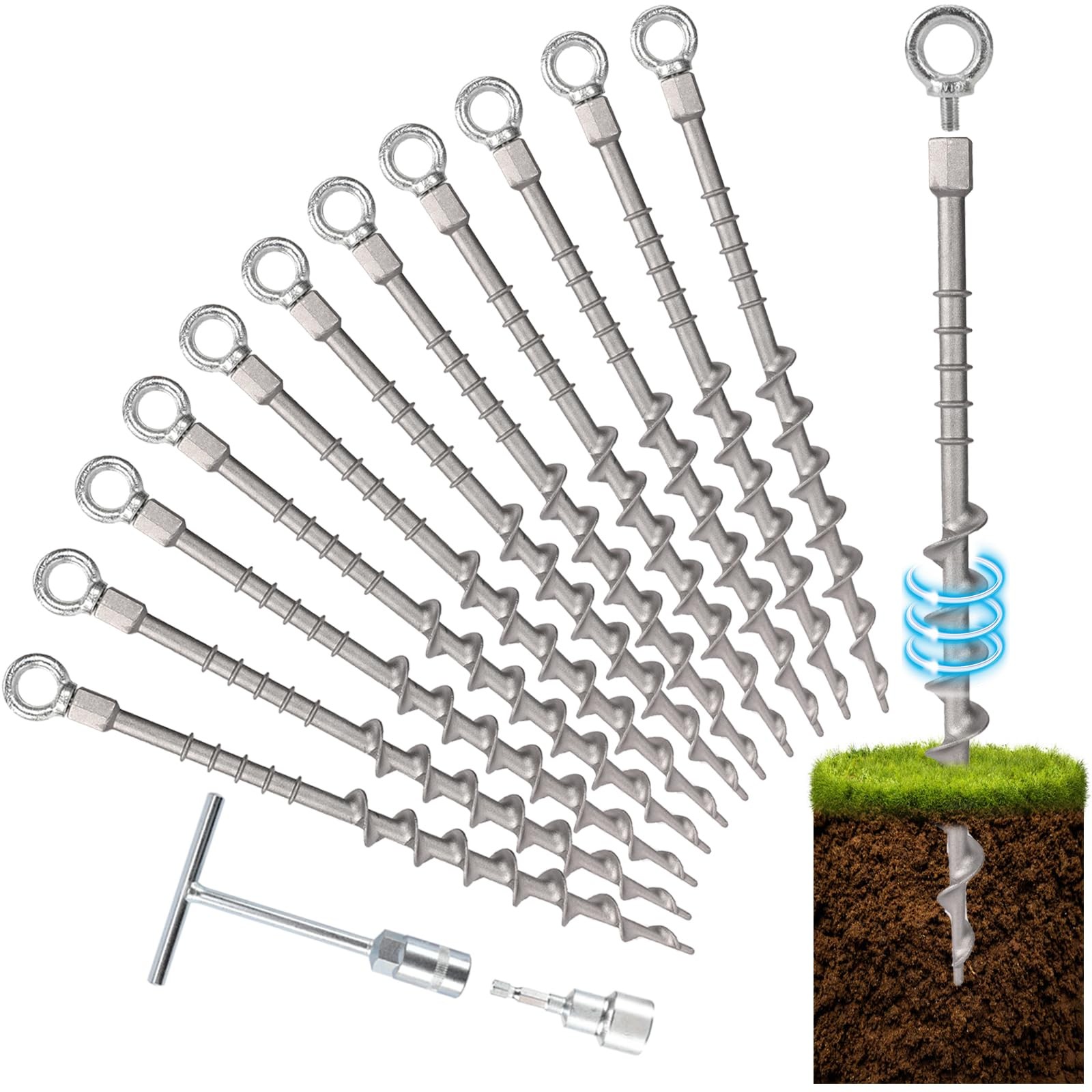 Keltrion 12 Pcs 14″ Ground Anchors Screw in Non-Rust Cast Aluminum silvery