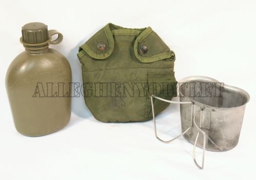 US Military NEW 1 QT OD PLASTIC CANTEEN & USED COVER w/ BRAND NEW STAINLESS CUP