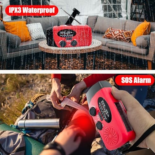 Portable 2000mAh Hand Crank Emergency Solar Panel SOS Weather Radio, Self Red