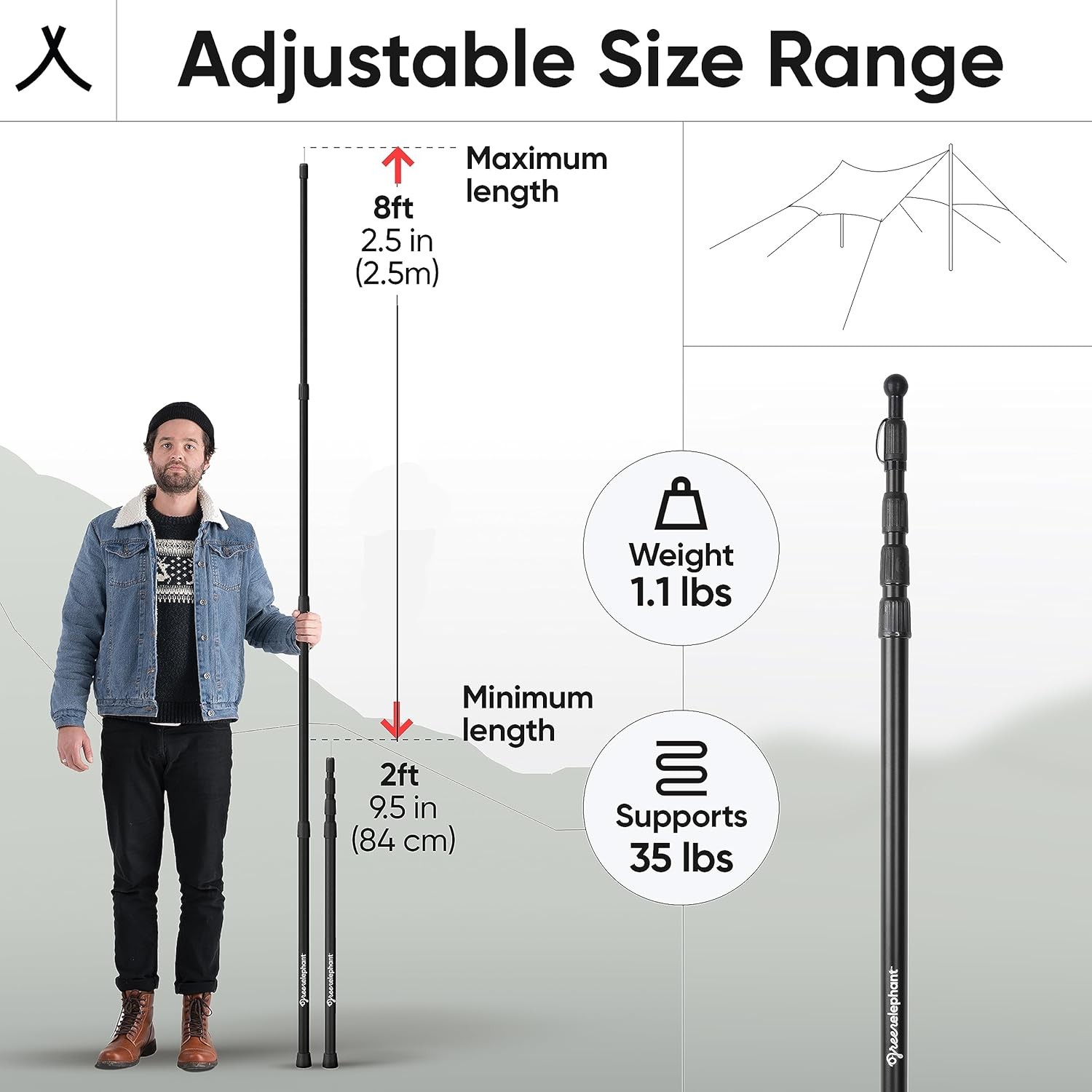Green Elephant Camping Tarp Poles – Adjustable Aluminum Telescoping 2