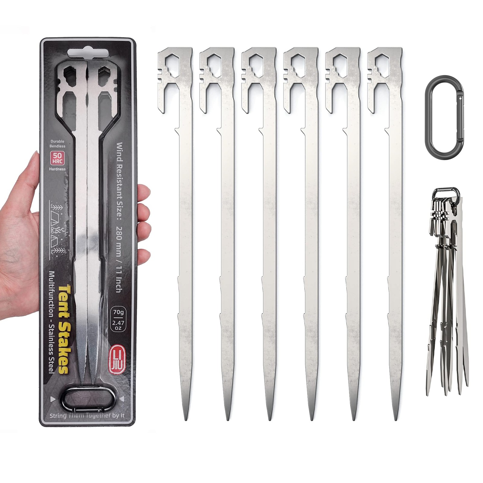 Tent Stakes 6-PCS – Camping Essentials for Camper. 11 Inch 6 Pcs, Silver