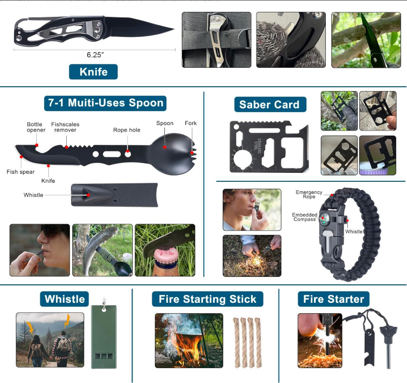 254-in-1 Survival & First Aid Kit with Tools for Camping/Hiking Emergencies