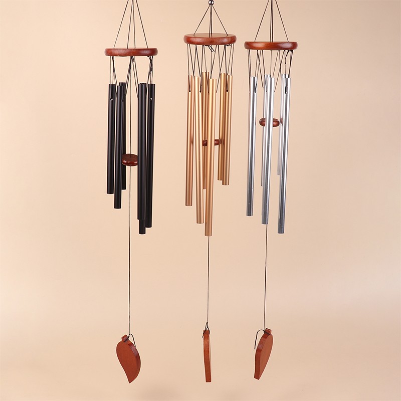 1Pc 6 Tubes Aluminum Pipe Wind Chimes With Hook And Wooden Leaf Hanging Tag