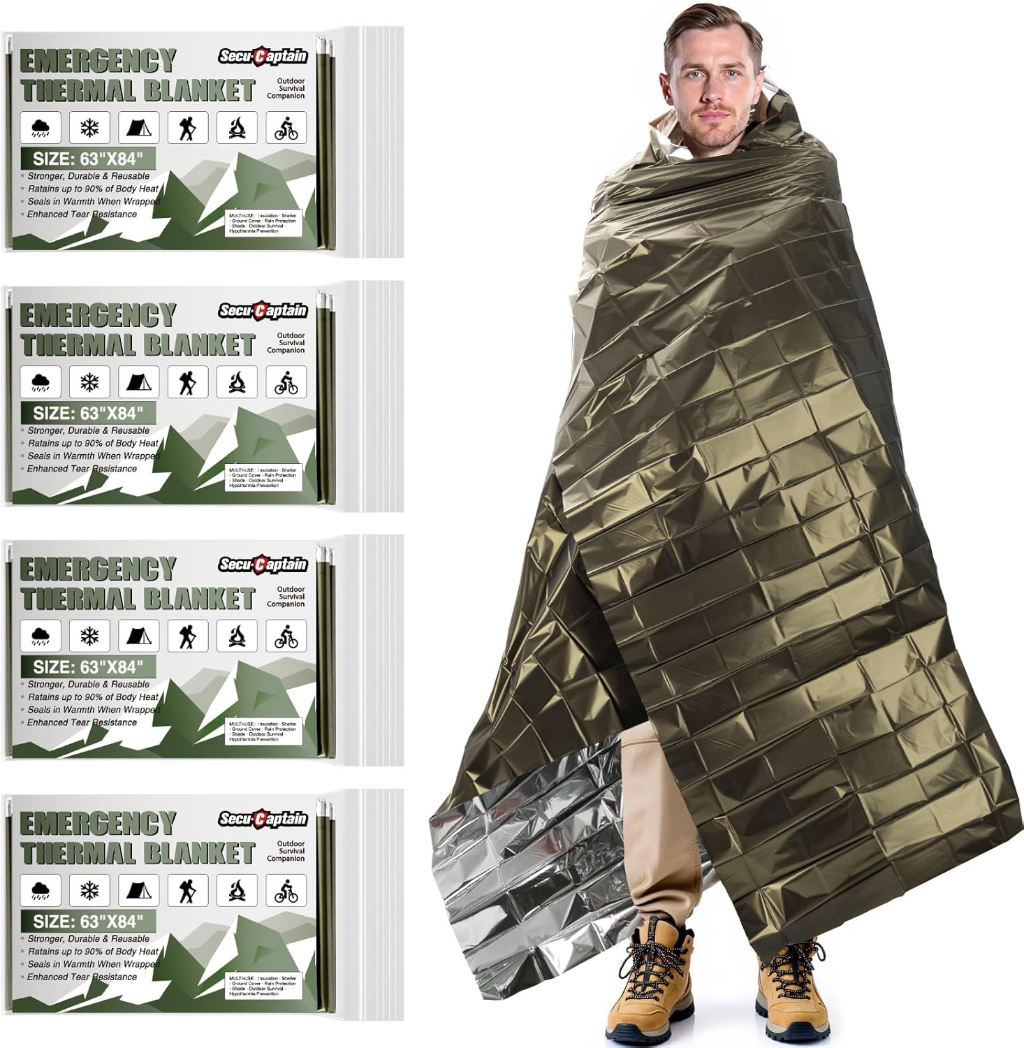 84″x63″ SecuCaptain Survival Mylar Thermal Blankets 4-Pack Outdoor Camping