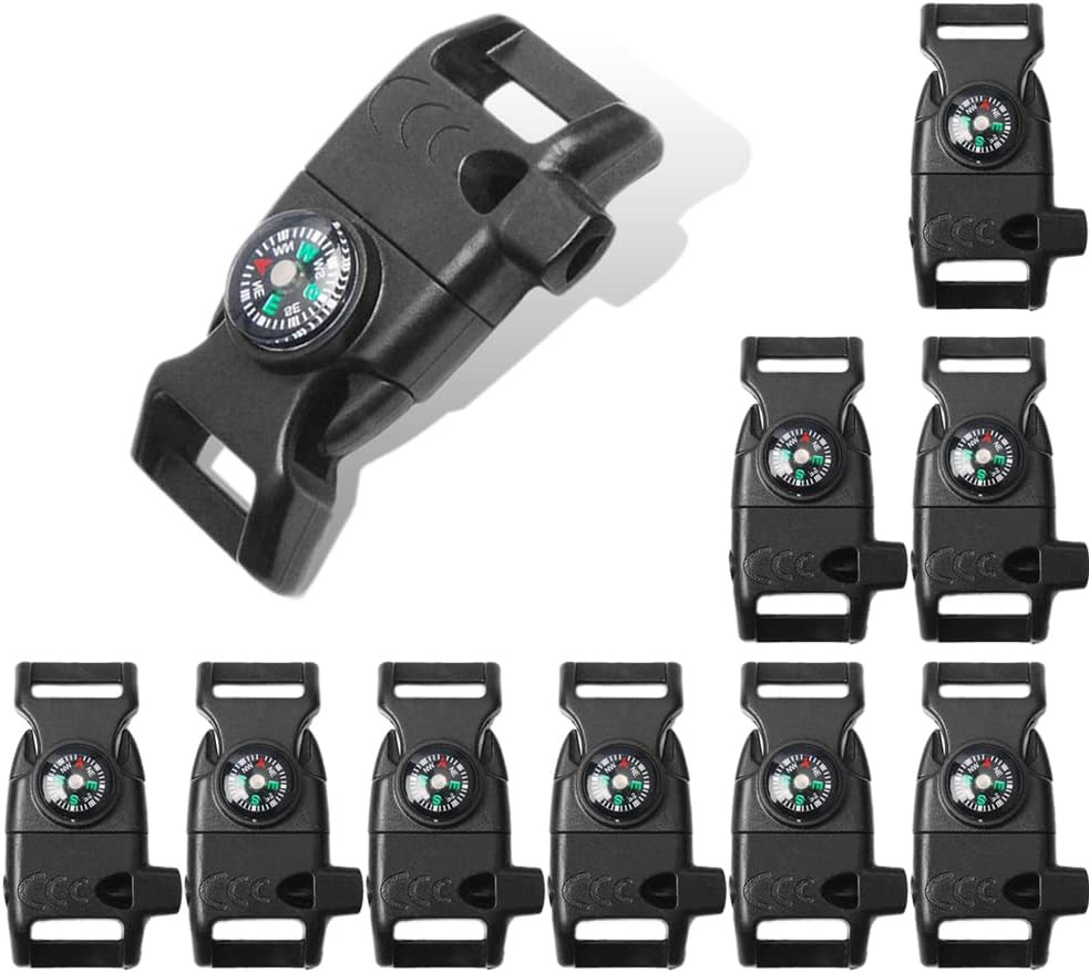 Coobigo 10Pcs Pack Black 5/8″ Compass Flint Scraper Fire Starter Whistle Buckle