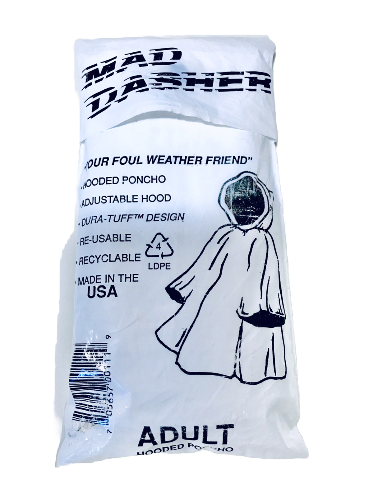 Mad Dasher Vintage Adult White Adjustable Hood Rain Poncho Dura Tuff Golf Bag