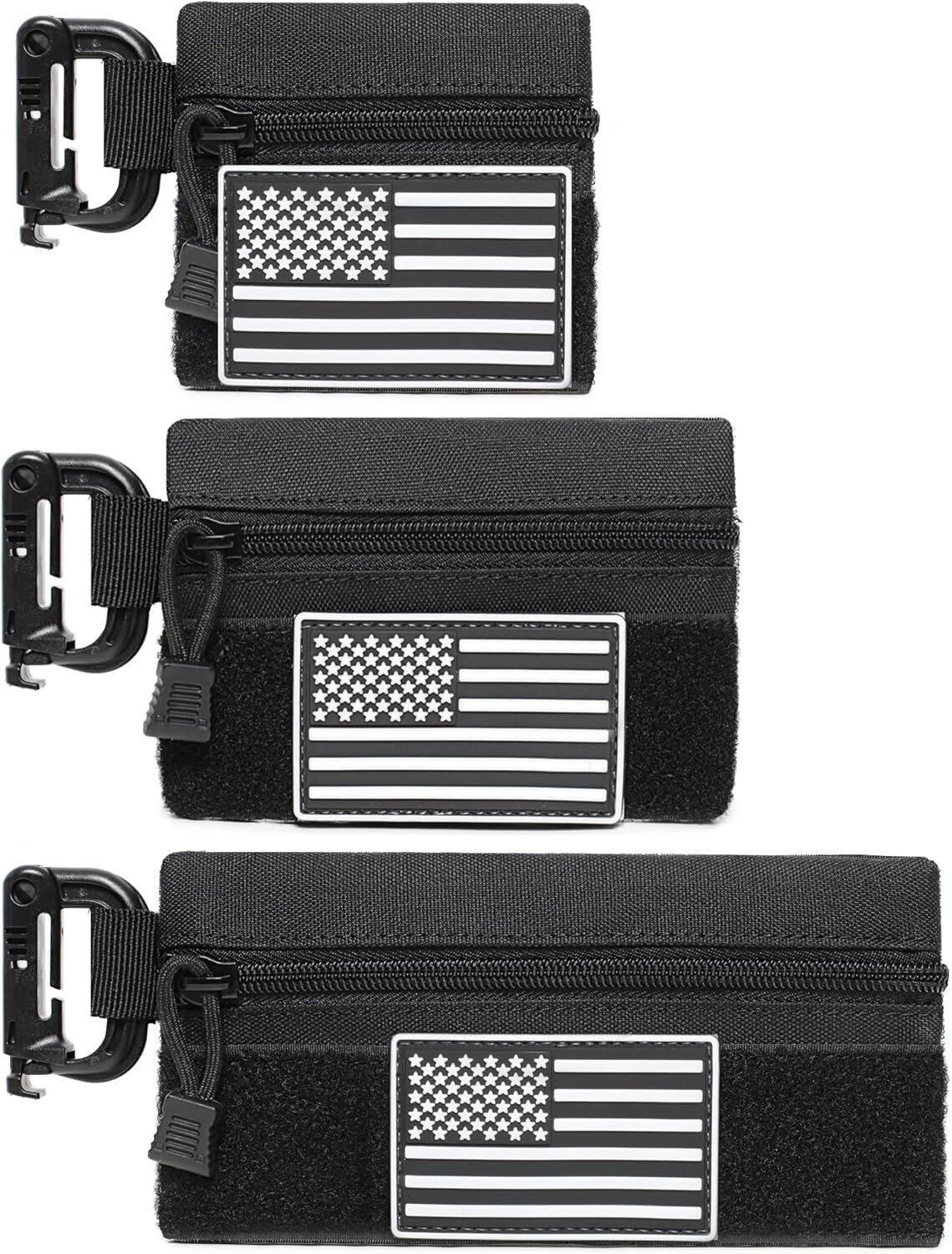 3 Pieces Tactical Tool Zipper Pouches with US Patches & D-Ring Clips NEW