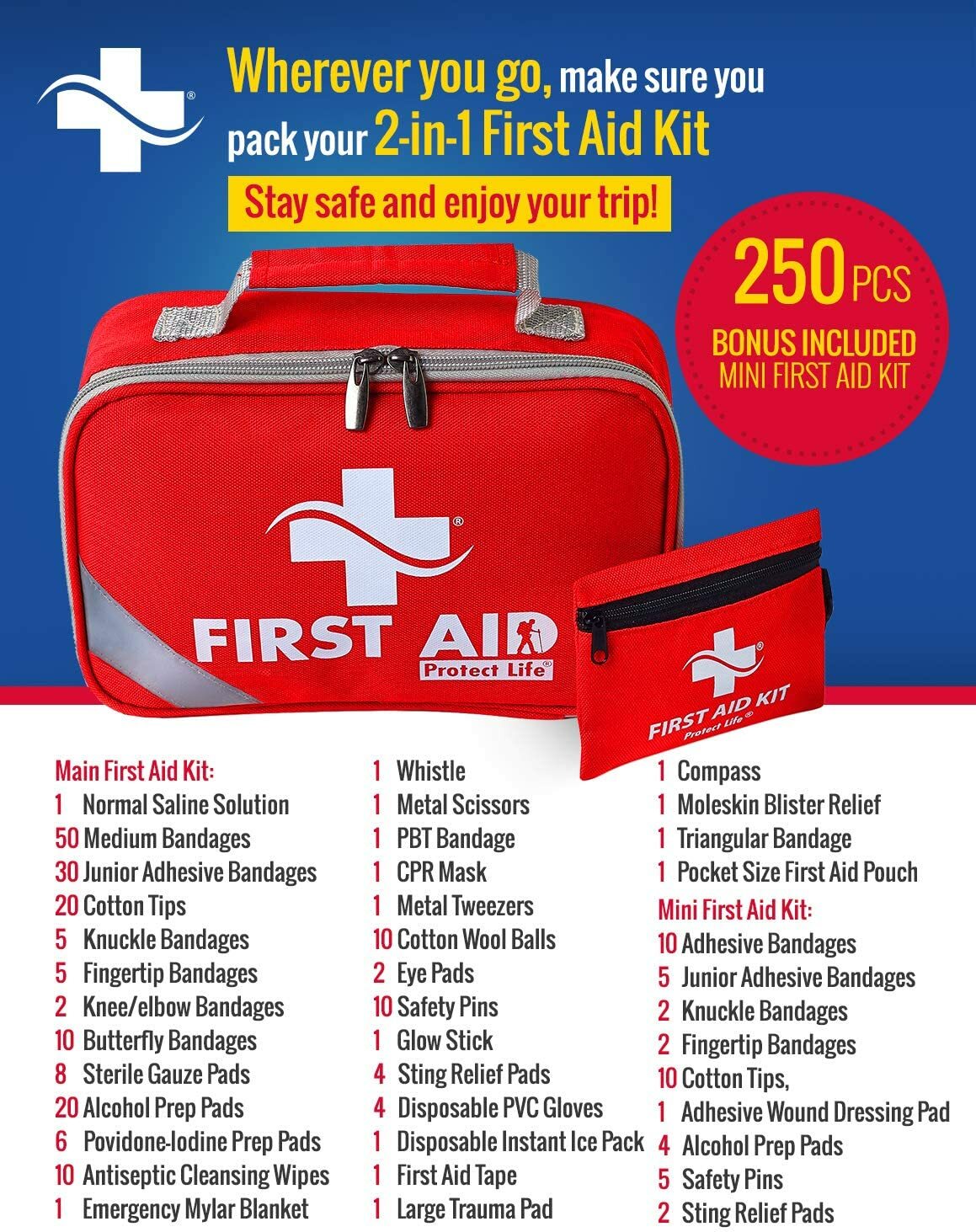 Emergency First Aid Medical Trauma Kit Camping Travel Survival Prep 250 Pieces