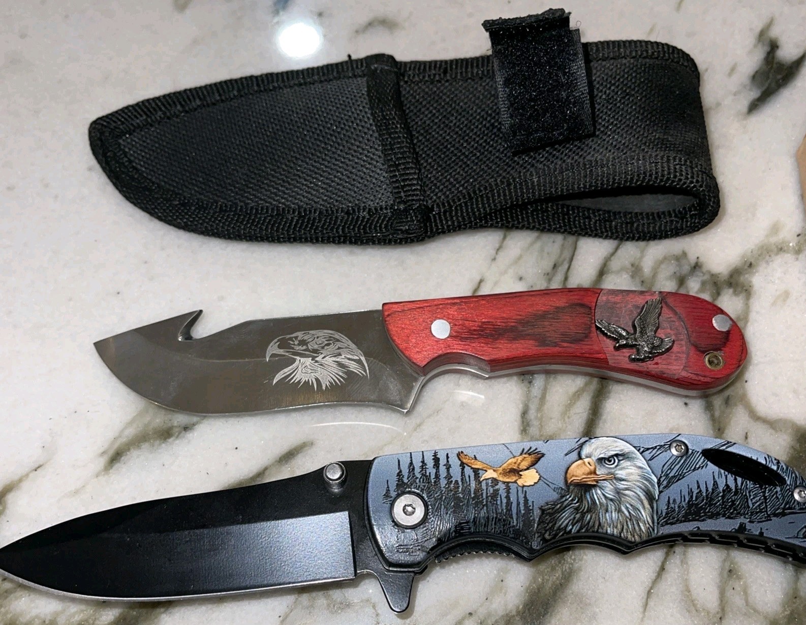 2 knives, one sleeve, one flask, Woodland Creek Be Outdoor Ready Survival Knife