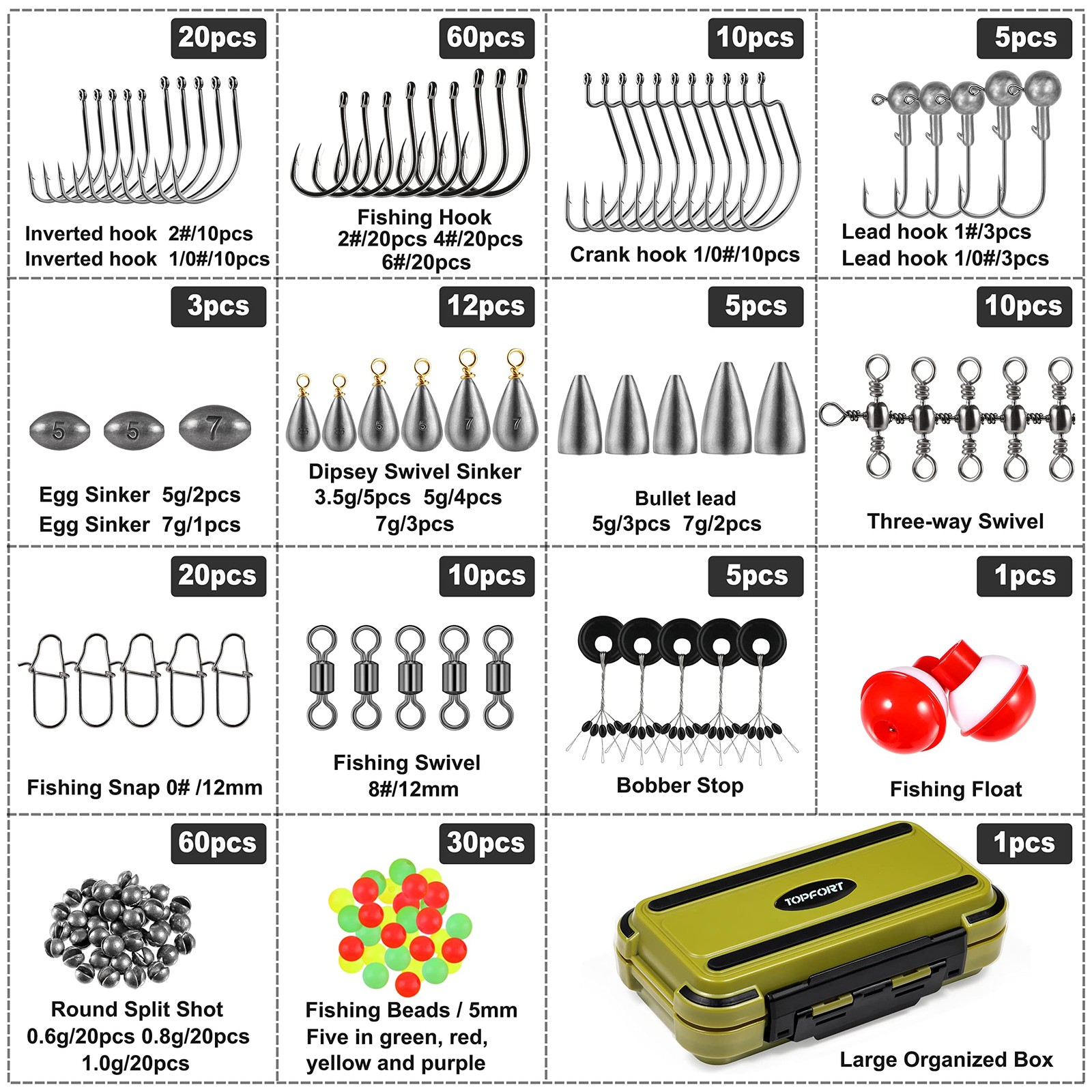 TOPFORT 187/343pcs 6.3 x 3.7 x 1.8 inches, 251pcs Fishing Accessories kit