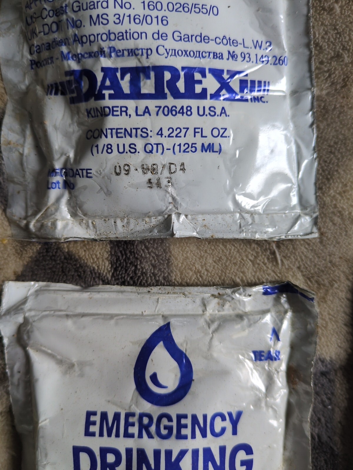 Datrex Emergency Drinking Water 4oz 125 ML Bags 4 Pack 98′ Great Display Item