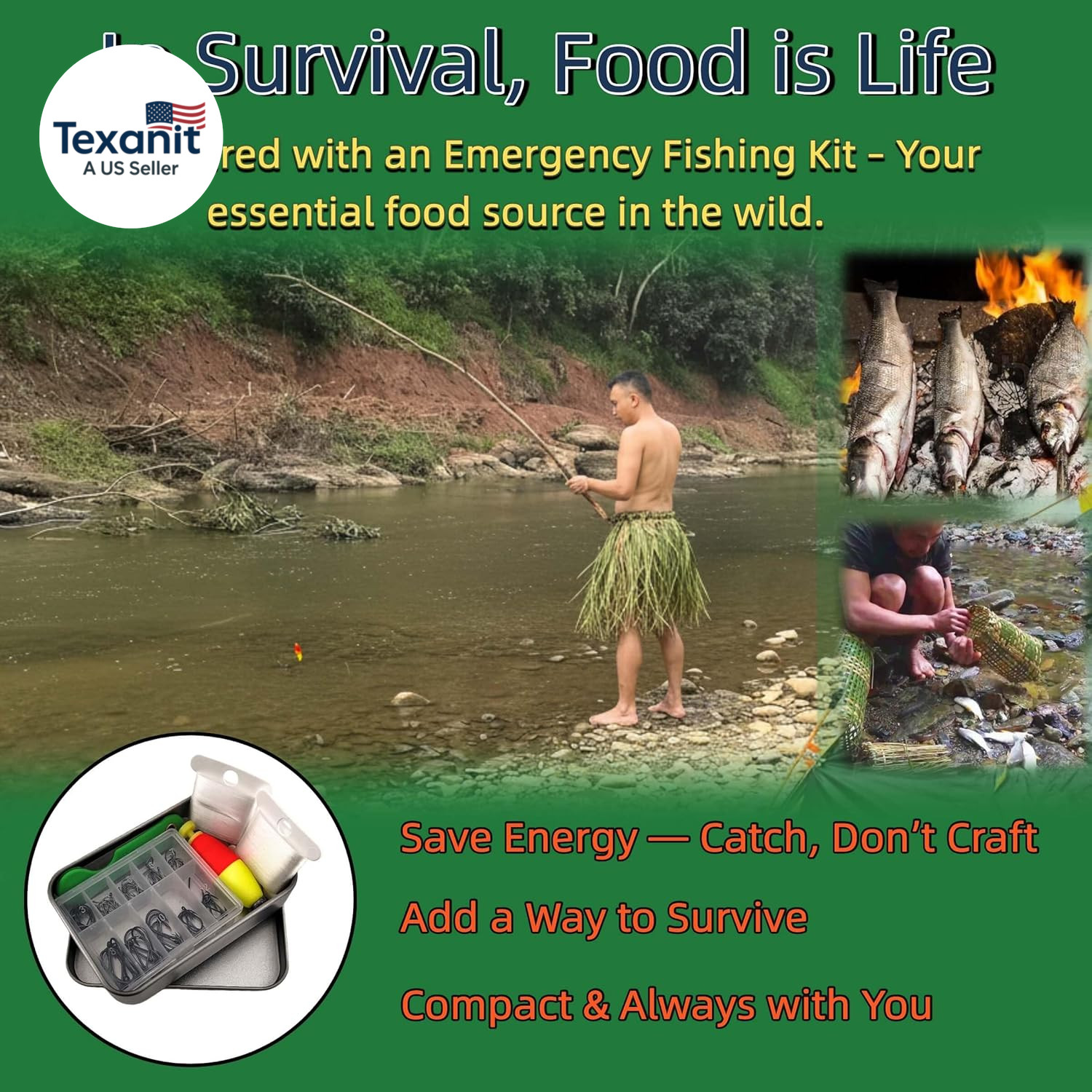 Mini Survival Fishing Kit–Compact Emergency Gear for Camping,Hiking,Bushcraft,Ba