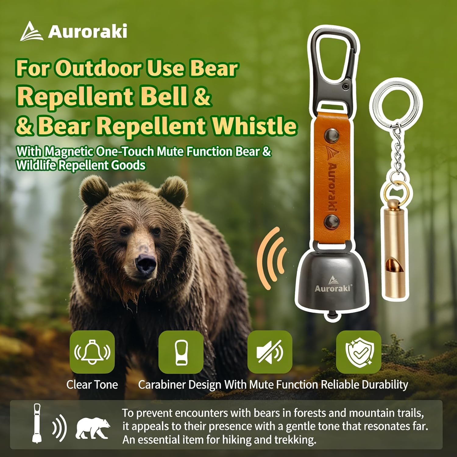 Loud Bear Bell with Magnetic Silencer for Camping, Hiking, and Survival