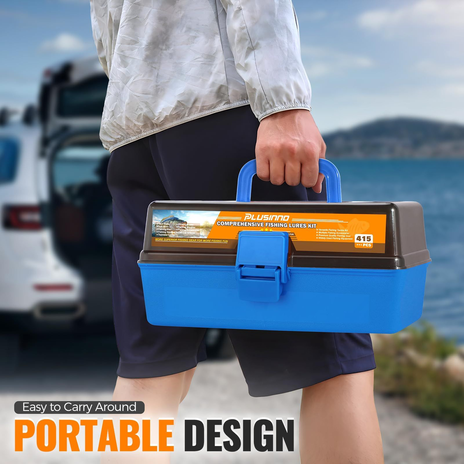 PLUSINNO Large 3 Layers Fishing Tackle Box with 12x7x5.7 inches, Blue