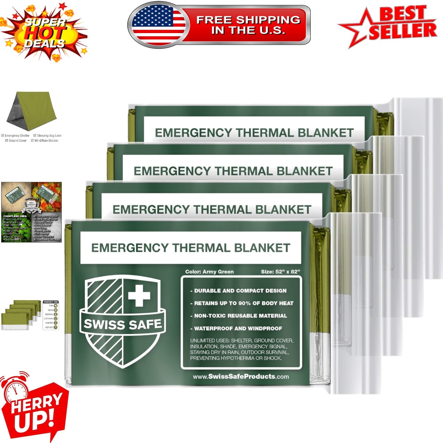 4 Mylar Emergency Blankets – Lightweight, Waterproof for Outdoor Safety