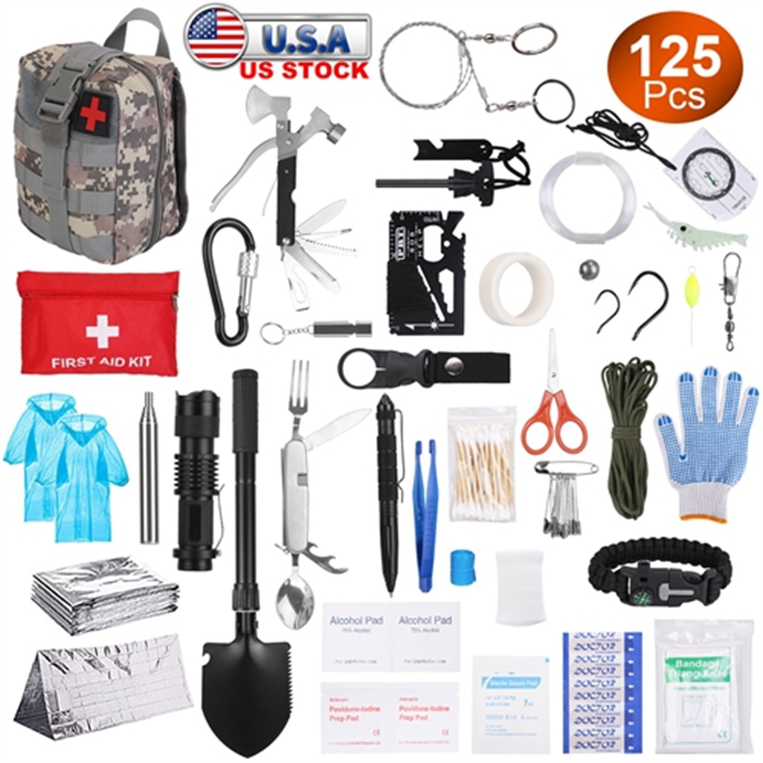 Emergency Survival Kit First Aid Bug out Military Tactical Hiking 125Pcs Set US