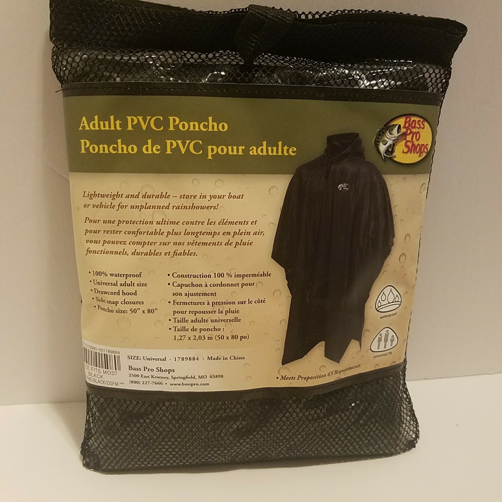 Bass Pro Shops Adult PVC Poncho Waterproof One Size Fits Most 50″x80″ Raincoat