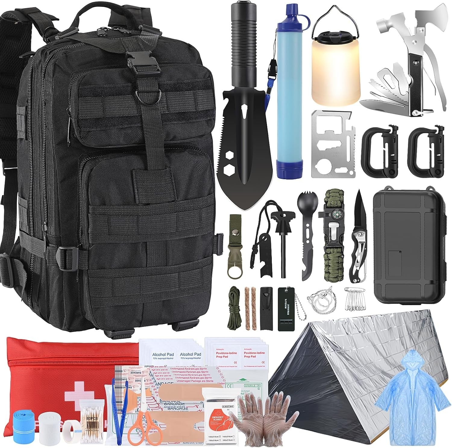 Survival Kit 258 PCS with Water Filter Emergency Tent LED Lantern First Aid Gear