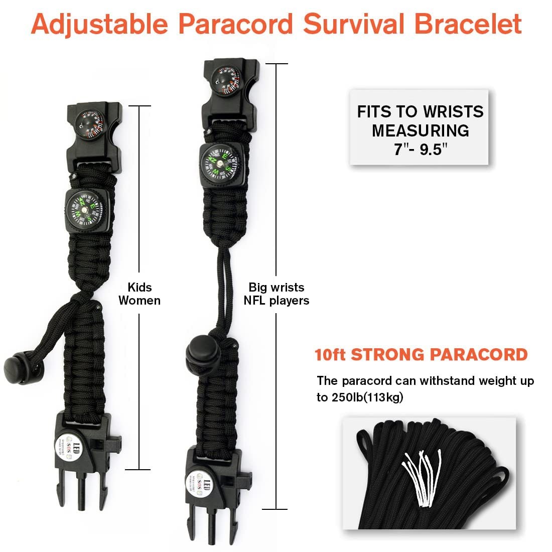 NVioAsport 20-in-1 Paracord Bracelet: SOS LED, Fire Starter, Compass, Whistle