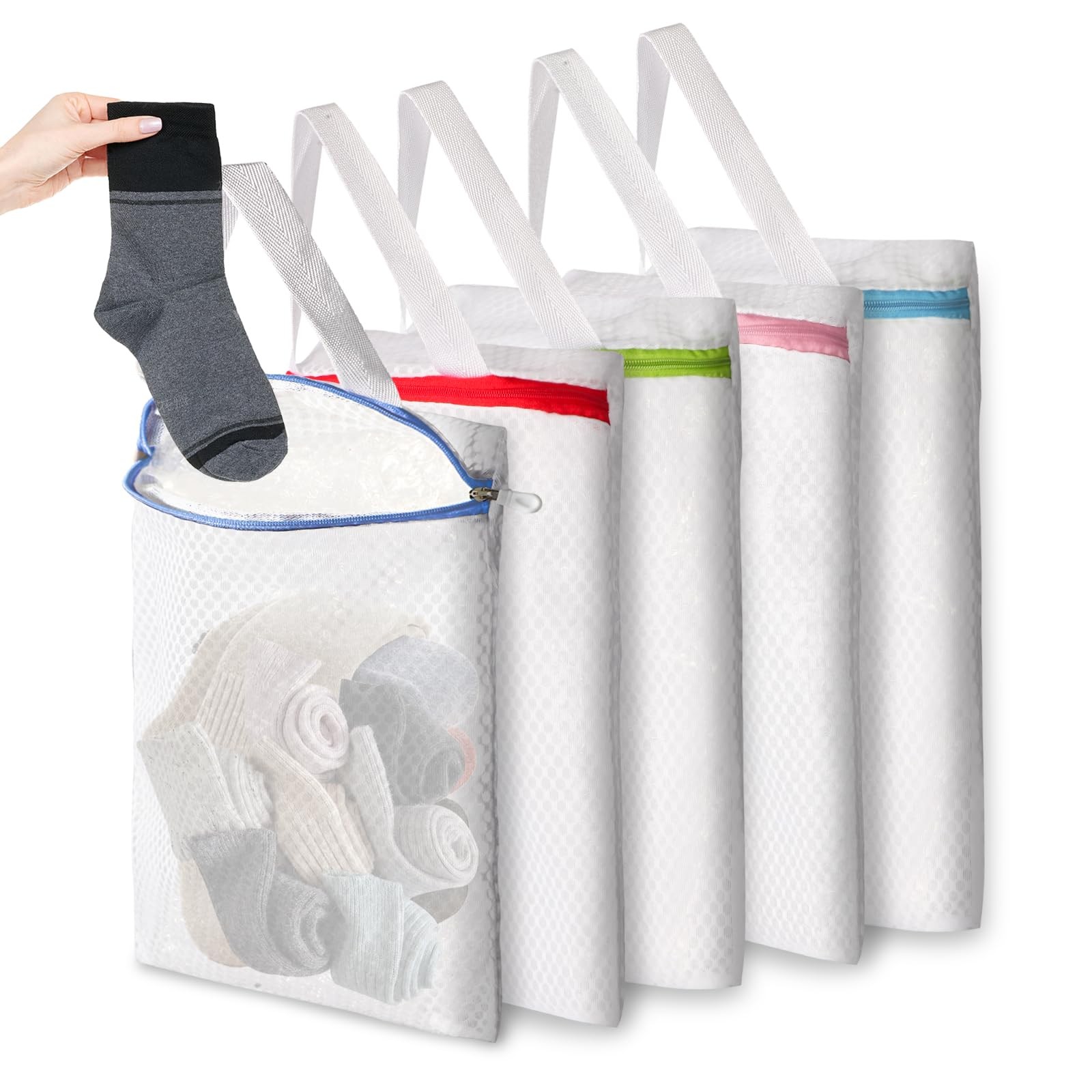 Ouvlaiz 5-Pack Sock Laundry Bags with Metal Hooks, 10×12inch 5-Pack, 5-Color
