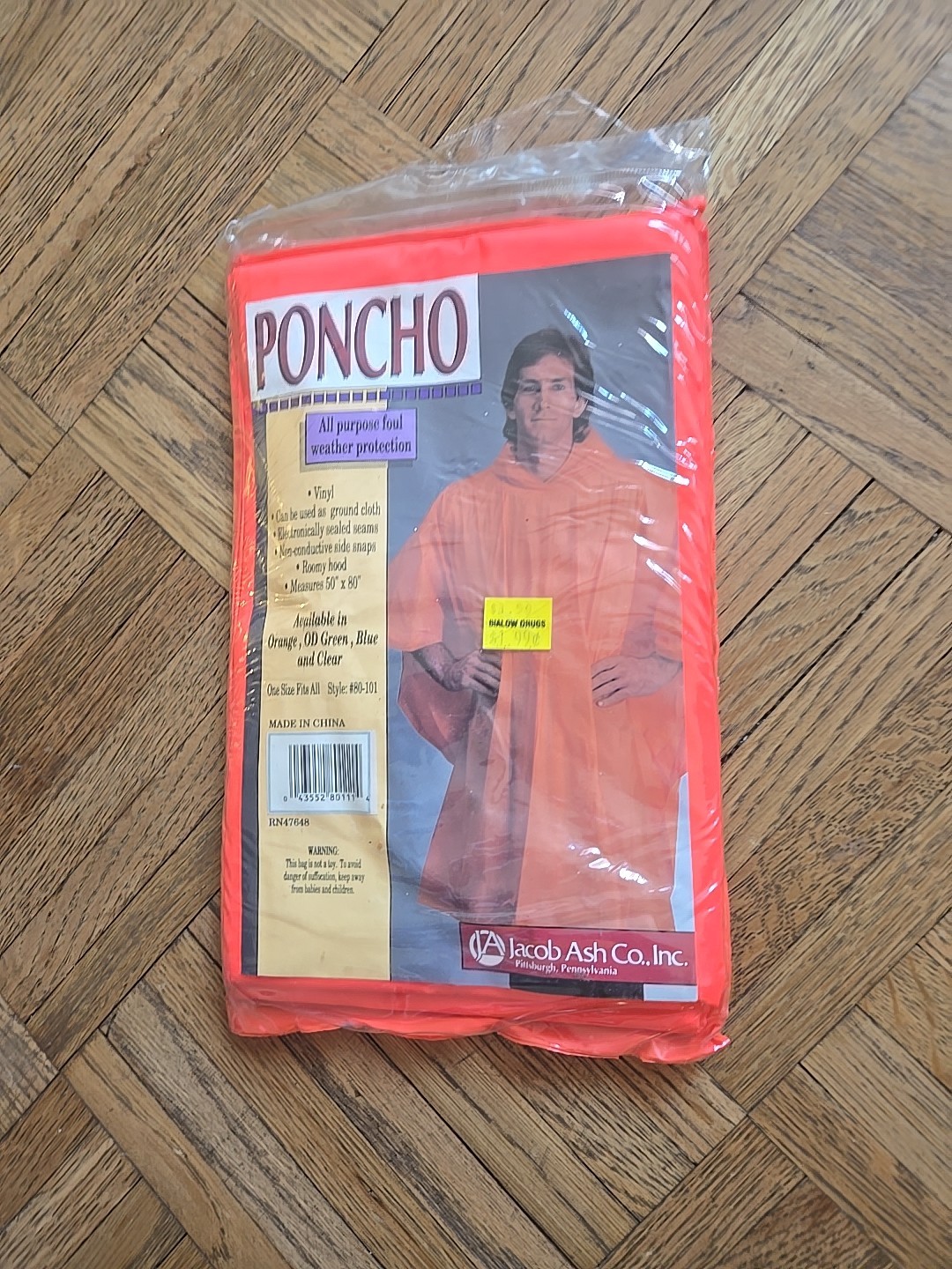 Vintage Adult Orange Vinyl Poncho By Jacob Ash OS New In Plastic 80×50