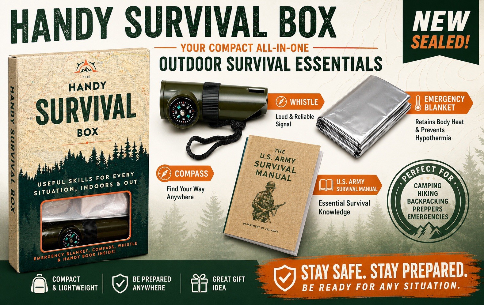 Handy Survival Box Sealed Emergency Kit Compass Blanket Outdoor Set
