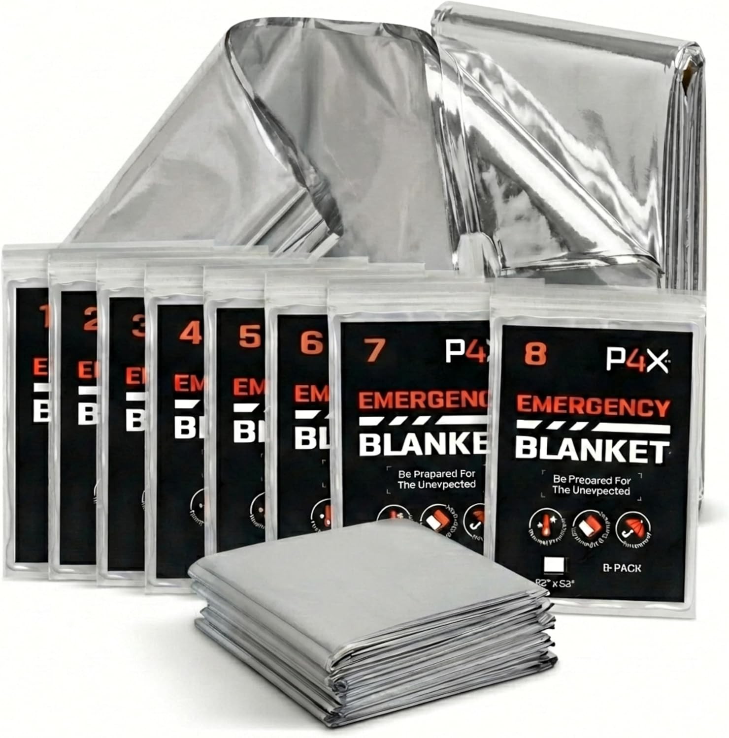 PREPARED4X Mylar Blankets 8-Pack Waterproof Rip-Resistant Emergency Outdoor