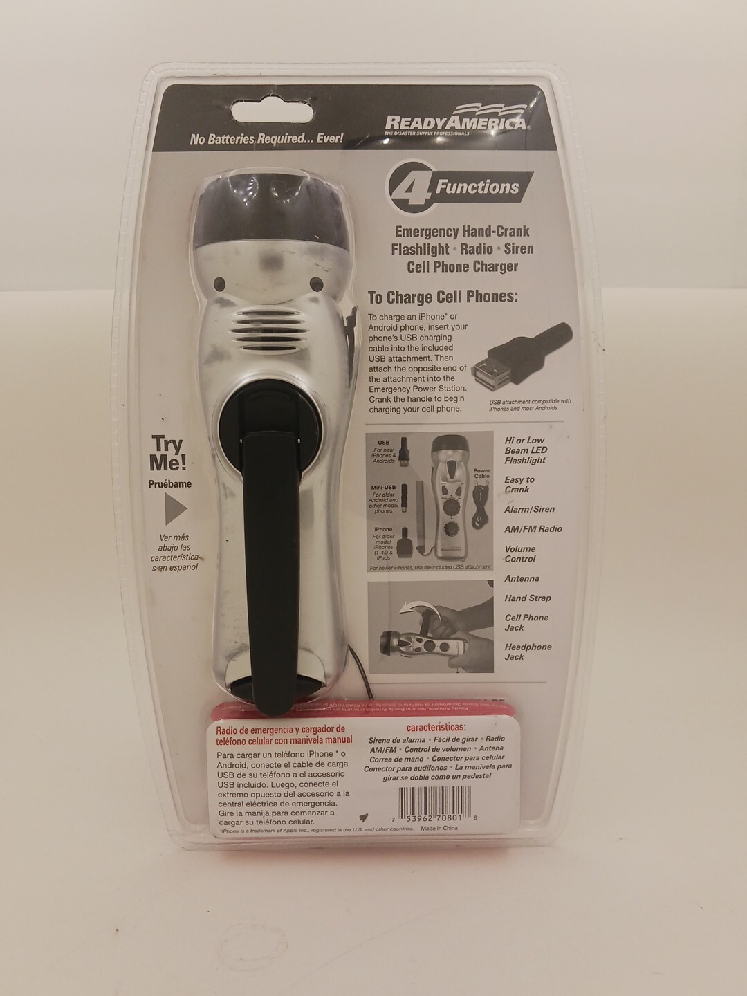 Ready America Emergency Power Station 70801 Hand Crank Flashlight Radio Cell